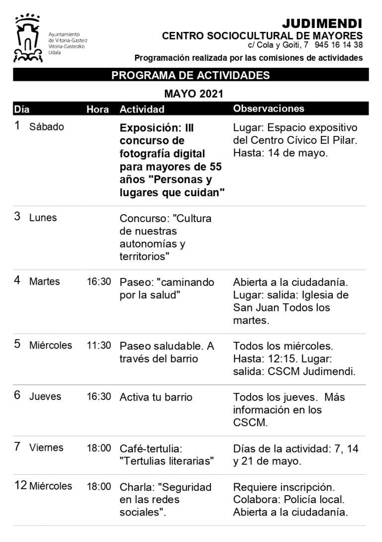 Programación Actividades de Mayo, Centro Sociocultural de Mayores de Judimendi