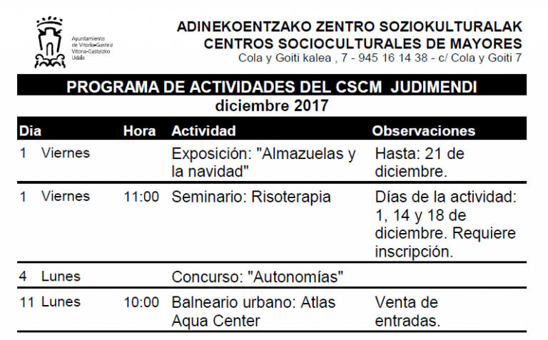 Actividades Centro de Mayores de Judimendi diciembre 2017