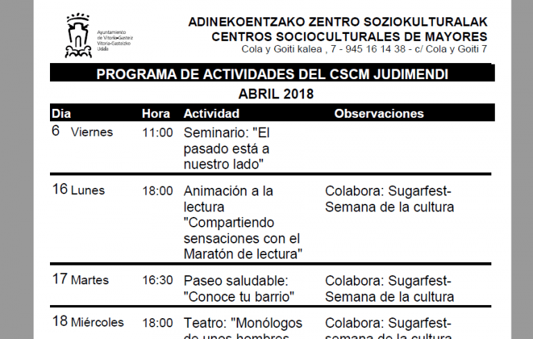 Actividades centro social de mayores en Judimendi abril