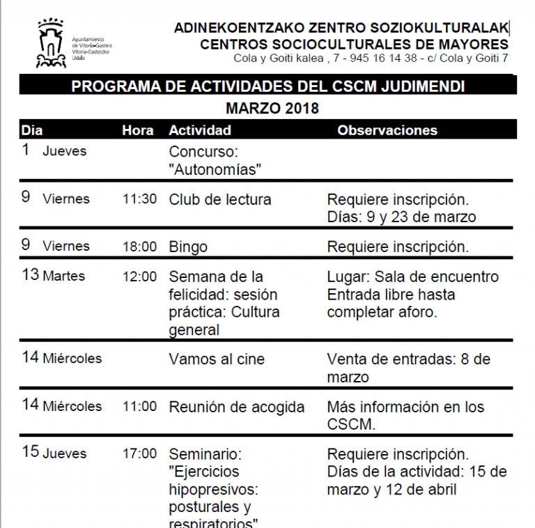 Actividades centro social de mayores de Judimendi marzo 2018